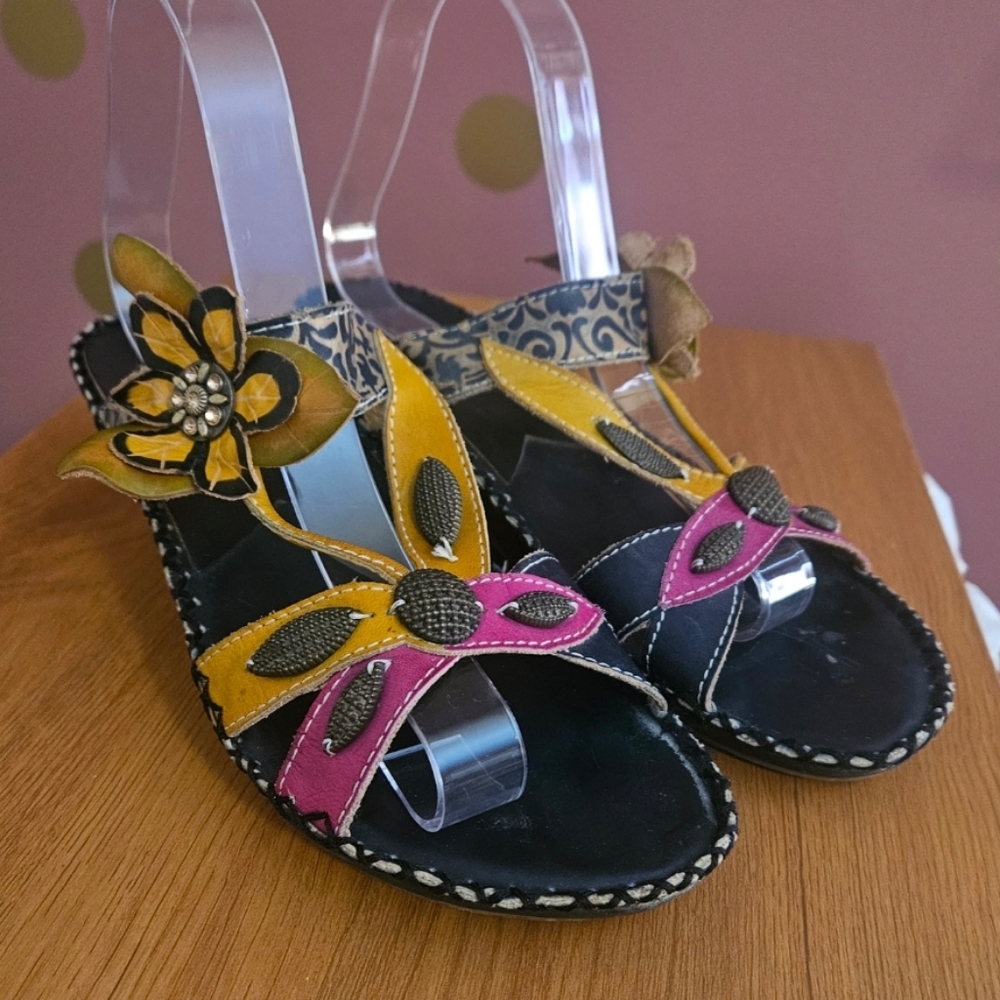Spring Step Black Sandals with Yellow and Pink Floral Accents
